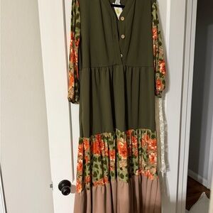 Floral Olive Green and Tan Maxi Dress